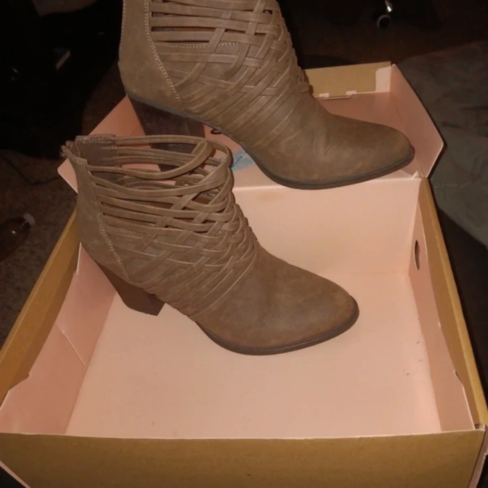 Fergalicious Woven Strap Ankle Heeled Boots in Taupe Brown